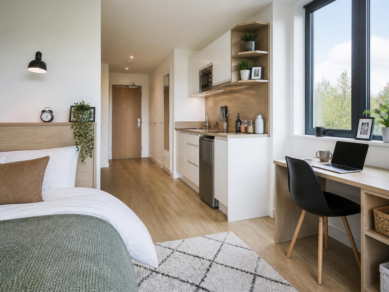 Intérieur d’un studio meublé moderne de la résidence Nova Campus